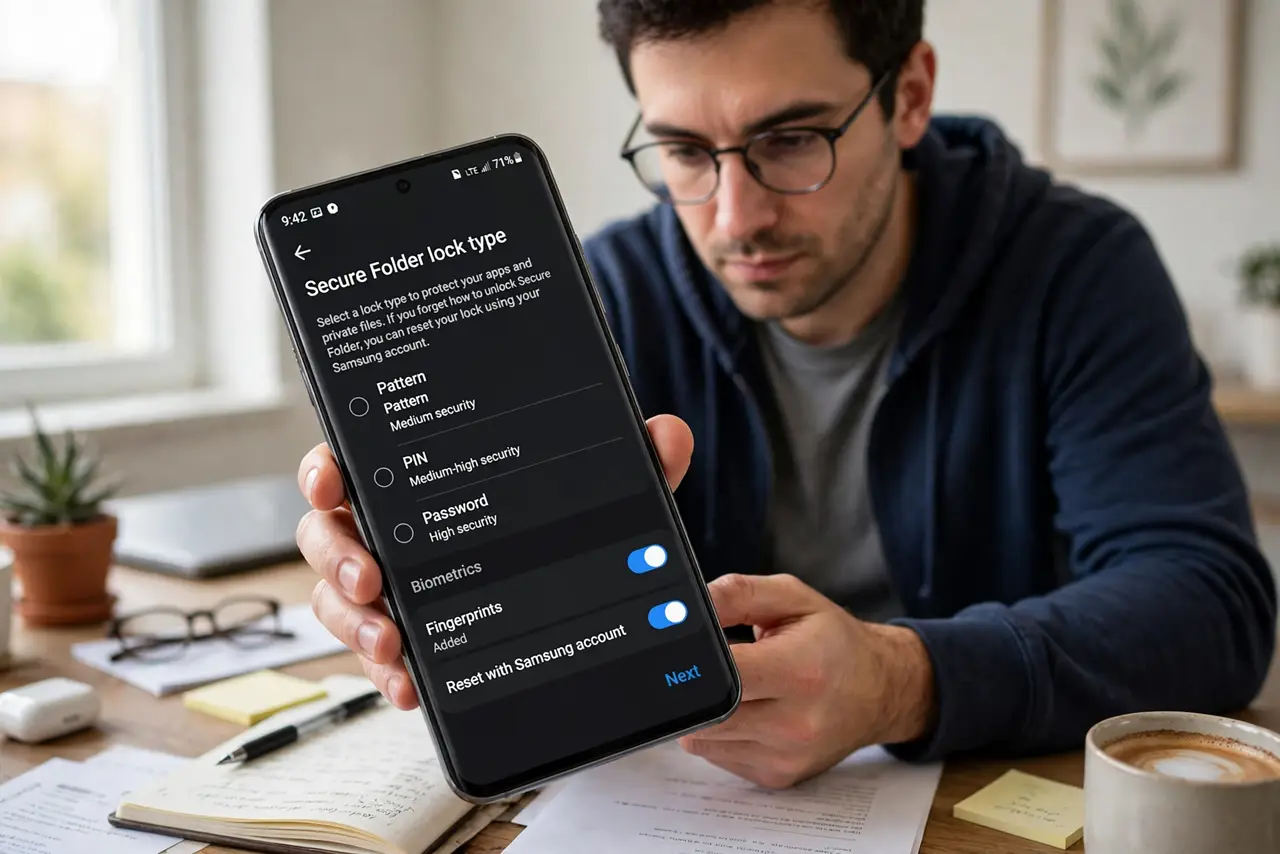 A person setting up an app lock on a real Android phone, the brand's secure folder setup screen fully legible, the person's face focused at a desk.