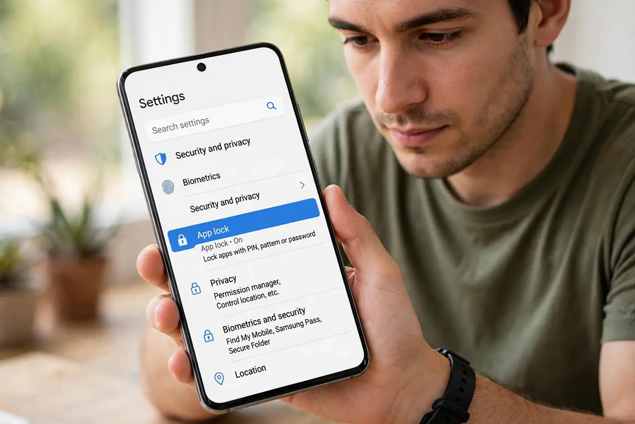 A person performing step 1: Check for a built-in app lock first. Many Android phones ship with one: look in Settings under Security, Priva.