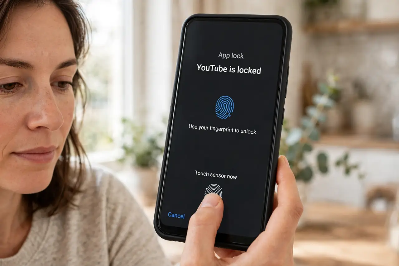 A person holding a real smartphone showing an app lock prompt with a fingerprint icon and legible text, the person's thumb near the fingerprint sensor, the person's face.
