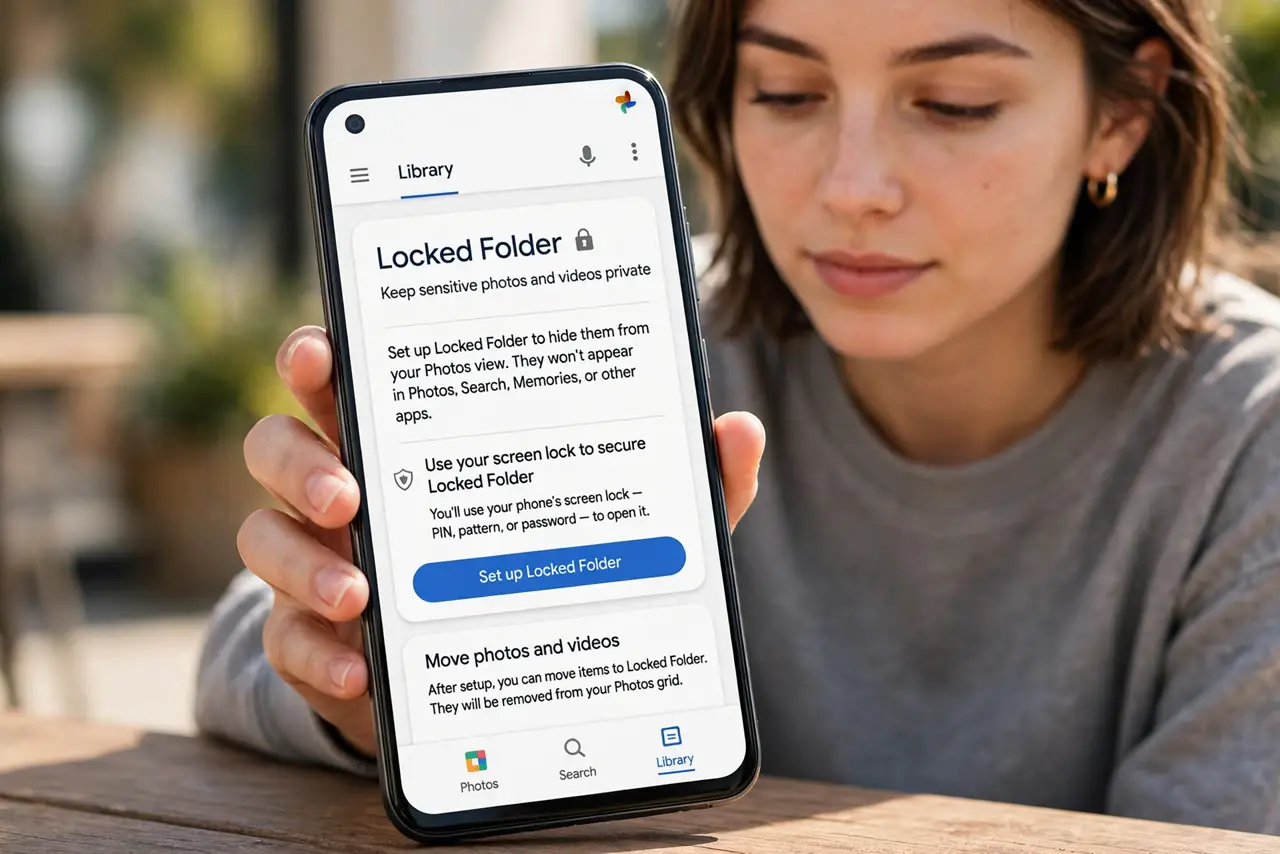 A person performing step 1: Use Google Photos Locked Folder. Open Google Photos > Library > Locked Folder, set it up with your screen lock.