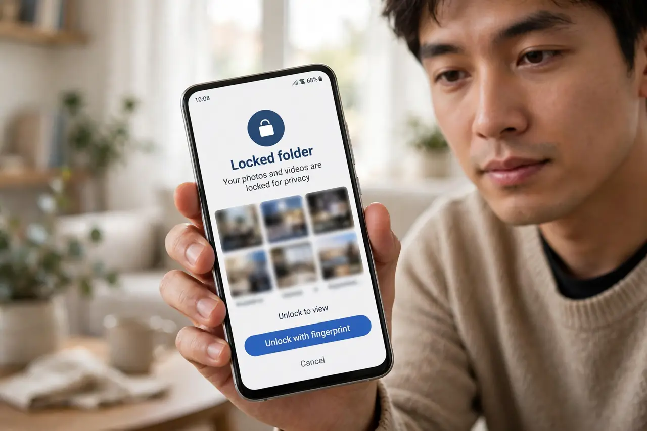 A person holding a real phone showing a locked folder prompt with a lock icon over blurred thumbnails, the person's face calm, living room.