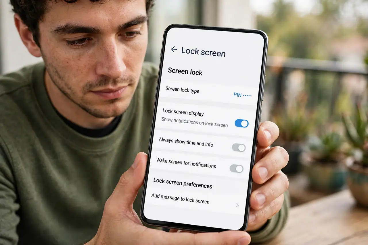 A person calmly performing the guide's first step: Open lock screen settings.