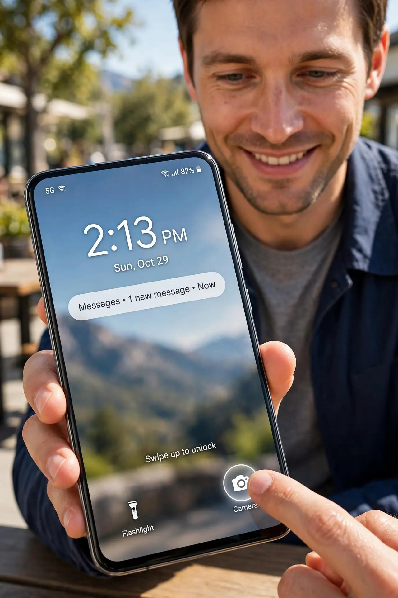 a person tapping a real Android lock screen shortcut with the camera icon legible, the person's face satisfied, bright outdoor setting. No black screen, no blank white screen, no f.