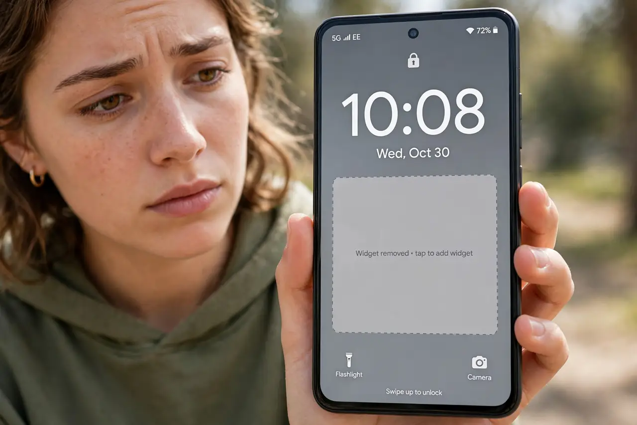 Lock Screen Widgets Missing — a person holding a real Android phone showing the lock screen with the clock large and legible and an empty sp