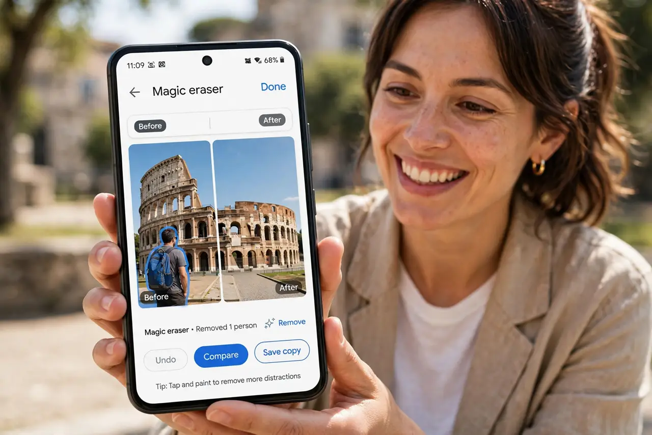 a person holding a real Android phone showing Google Photos Magic Eraser removing a tourist from a landmark photo, before and after visible and legible, the person's face delighted, daytime.