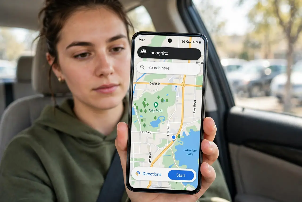 a person holding a real iPhone showing Google Maps with the incognito indicator legibly visible on the map screen, the person's face neutral, sitting in a pa...