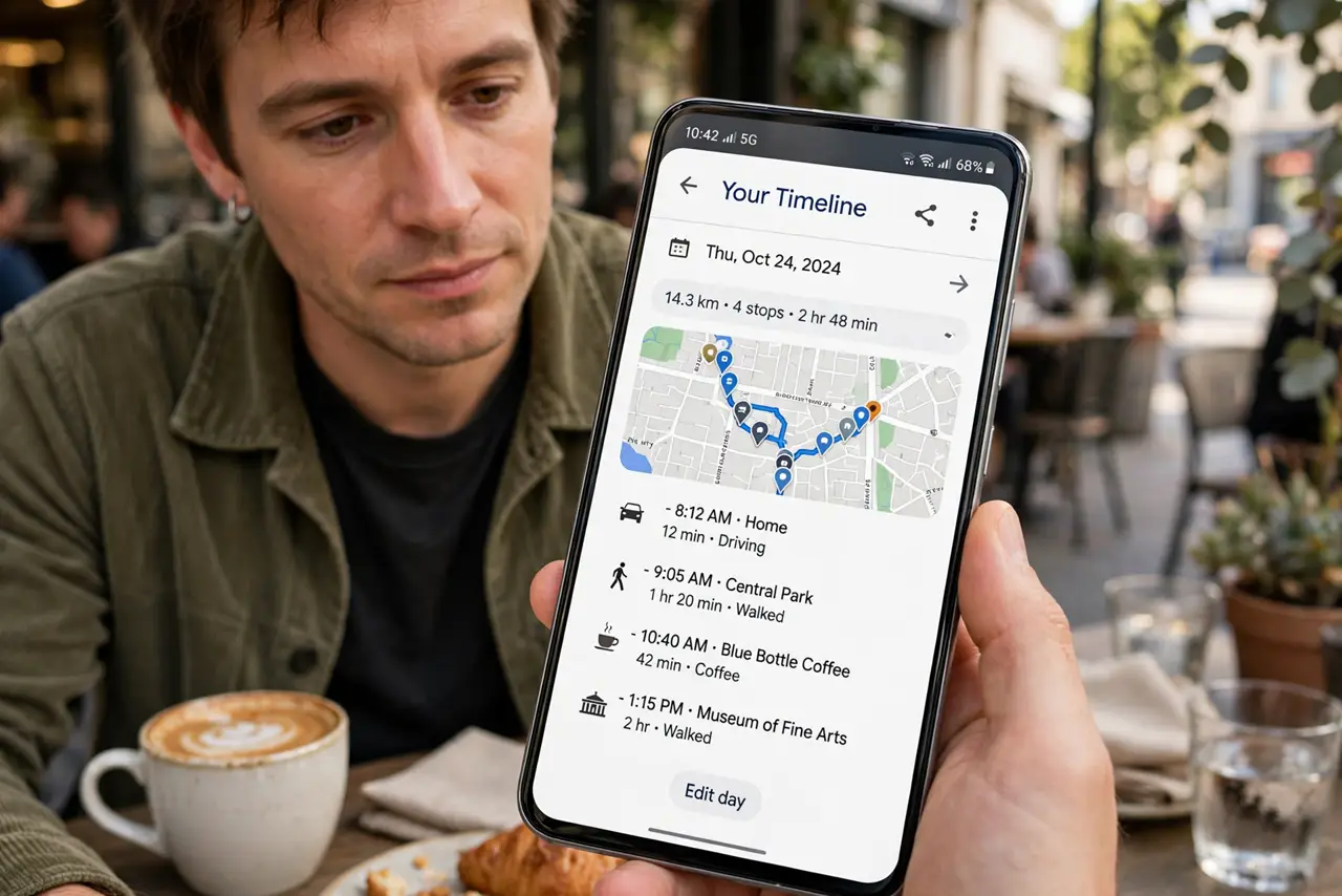 A person browsing their Timeline in Google Maps on a real Android phone with a day's route and stops fully legible, the person's face nostalgic, at a café.