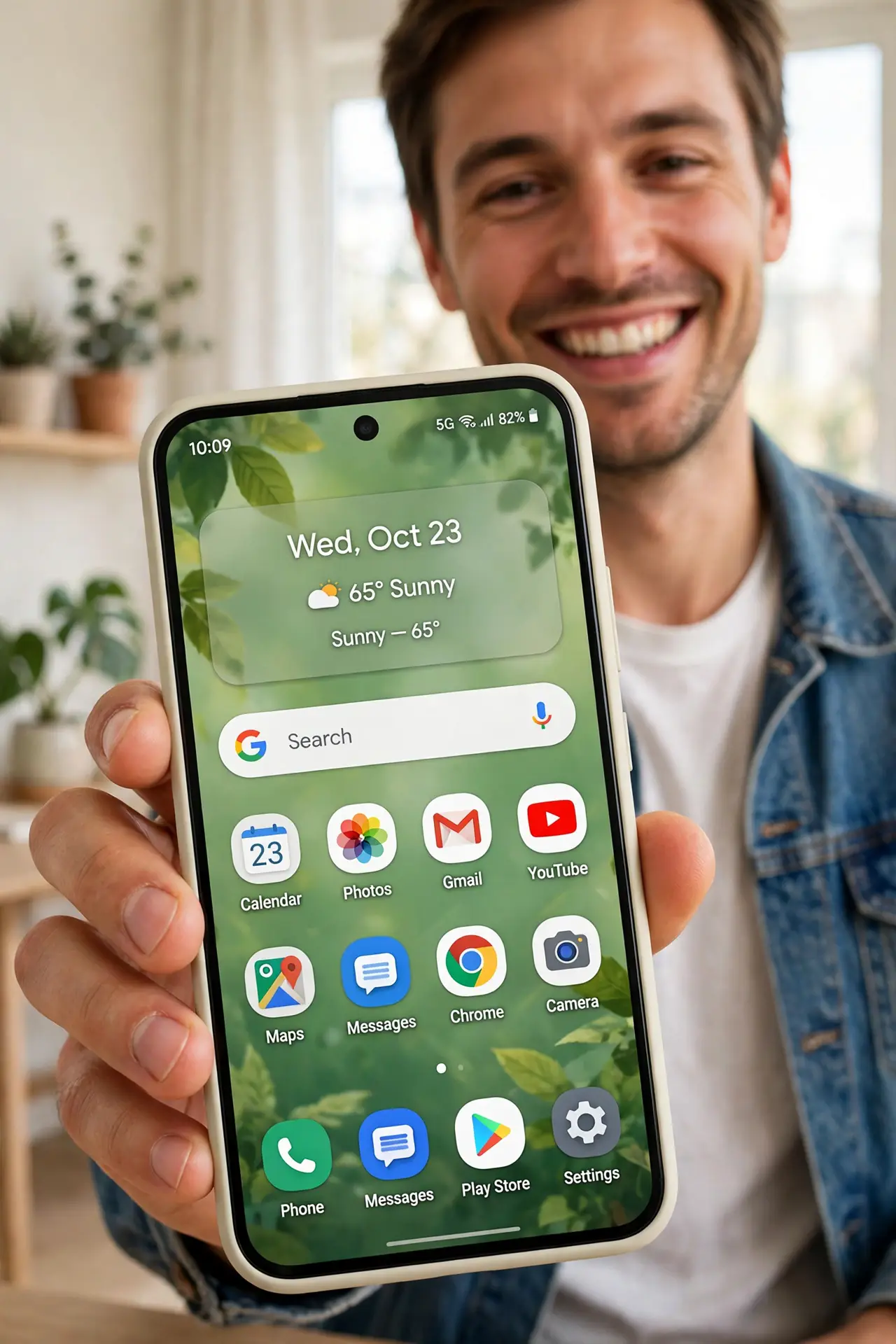 a person holding a real Android phone showing a themed home screen with matching wallpaper and icons legible, the person's face pleased, bright room. No black screen, no blank whit.