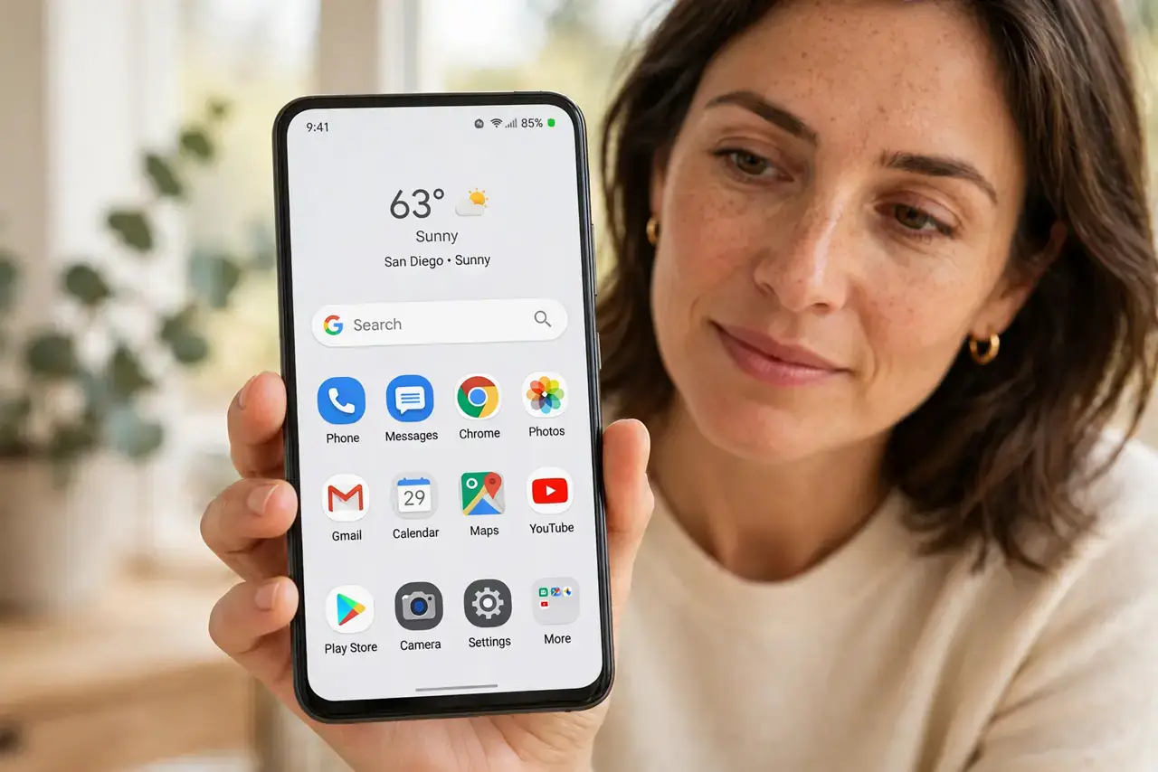 Mic and Camera Indicators on Android — a calm adult holding a real Android phone, the screen showing a normal home screen with the small green privac