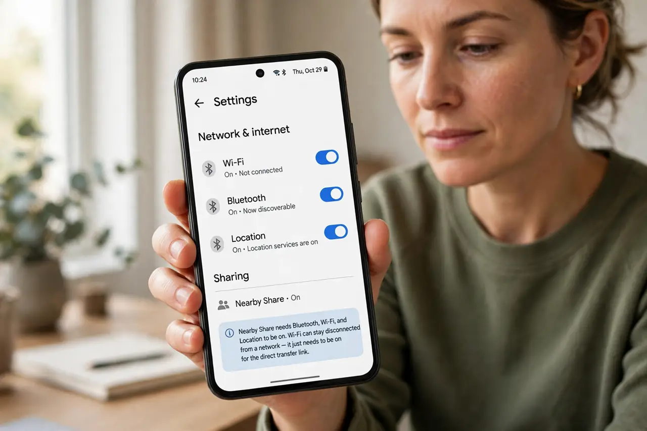 Nearby Share Finds No Android Device — step 1 being performed on the device.