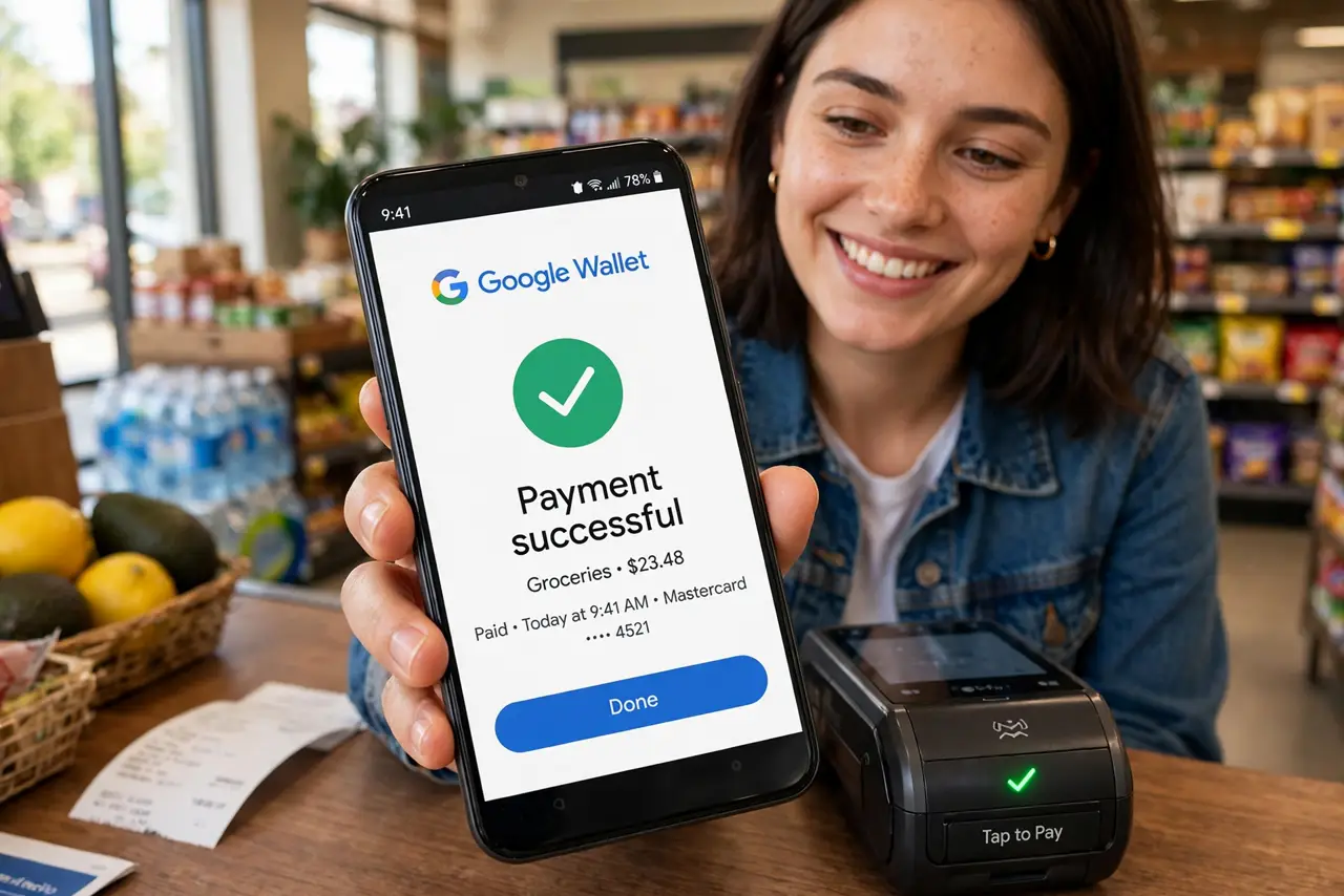 A person paying with a real Android phone at a store reader with the payment checkmark fully legible, the person's face satisfied, checkout counter.