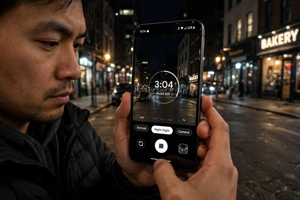 A person holding a real Pixel phone at night capturing a dim street scene with the Night Sight countdown fully legible, the person's face intent, city lights behind.