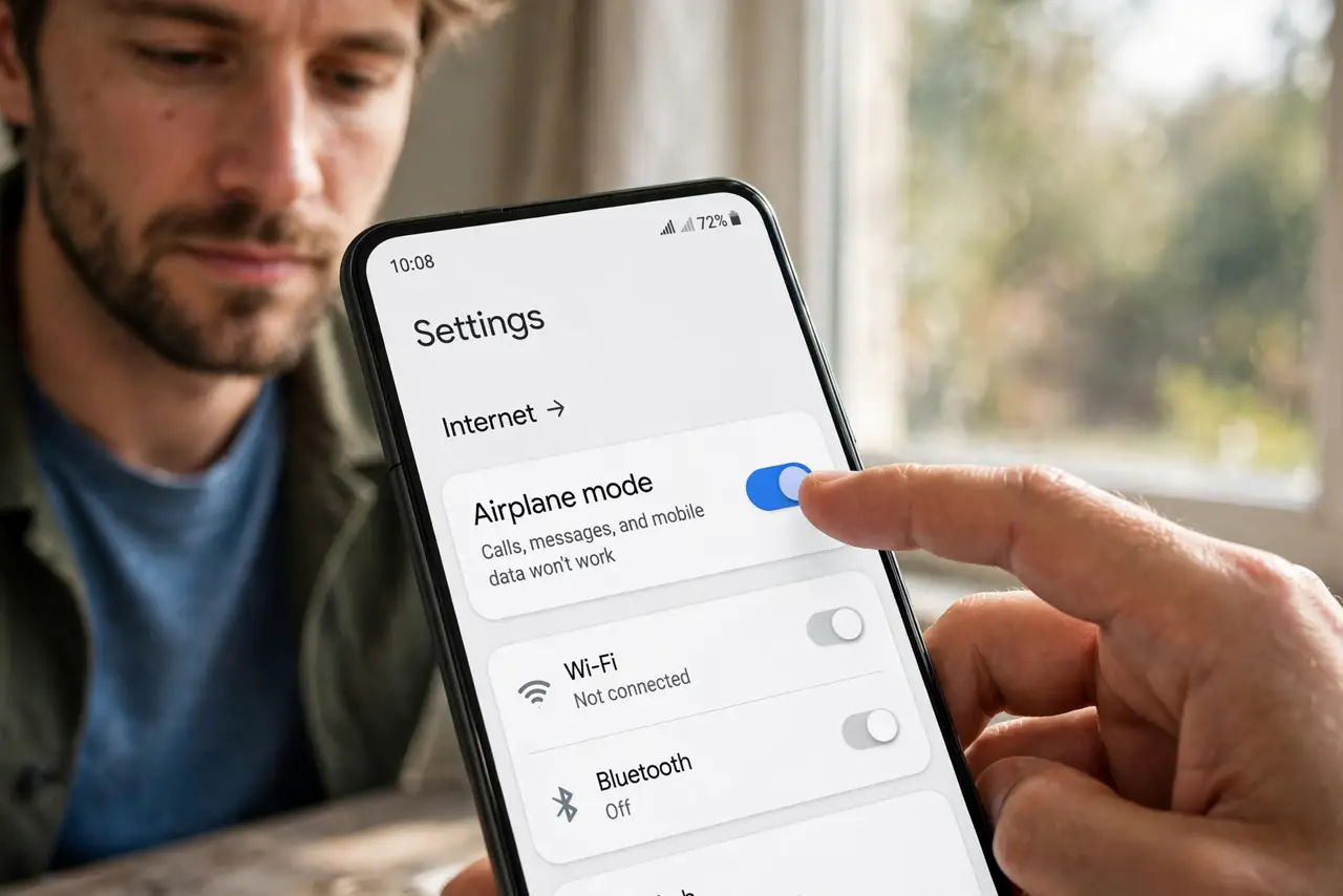 Step 1 in action for 'No Service' After an Android Update: Toggle airplane mode.