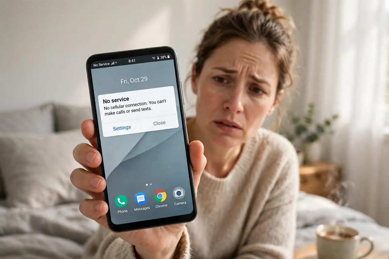 'No Service' After an Android Update — a worried adult holding a real Android phone showing 'No Service' in the status bar in fully legible text, the