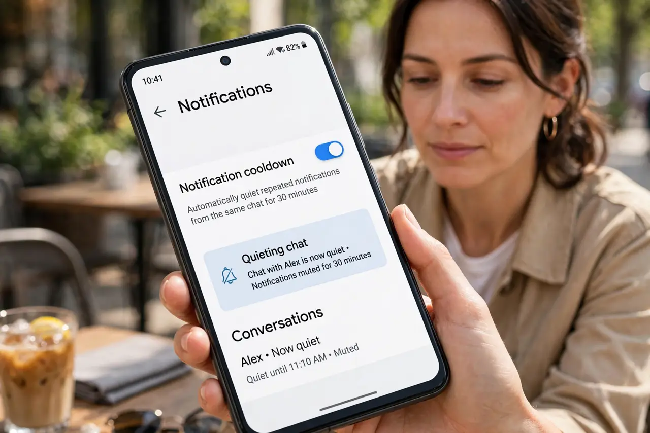 A person performing step 1: Turn on notification cooldown. Go to Settings, Notifications, and enable notification cooldown (on recent Andr.