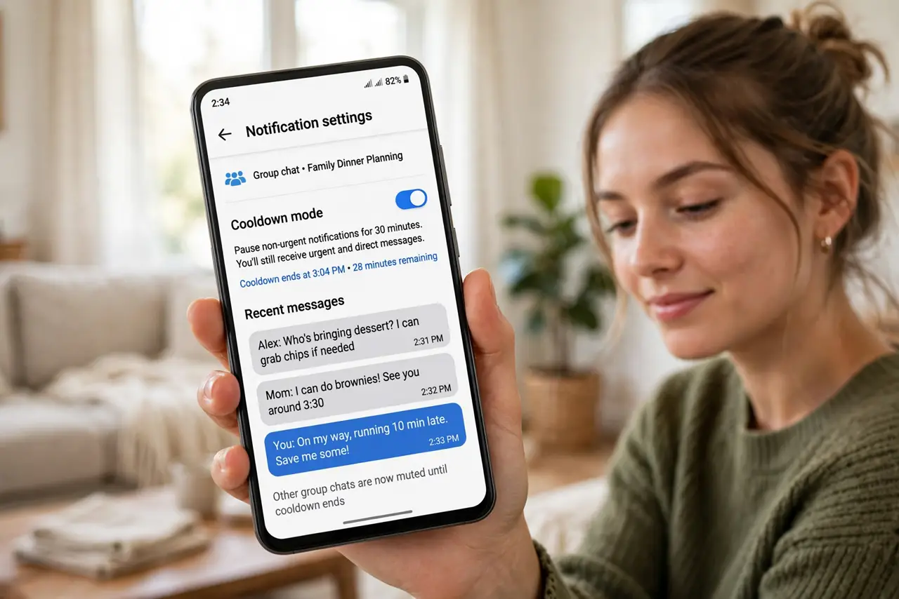 A person holding a real Android phone showing notification settings with a cooldown toggle and legible text, group chat messages visible, the person's face relieved, living room.
