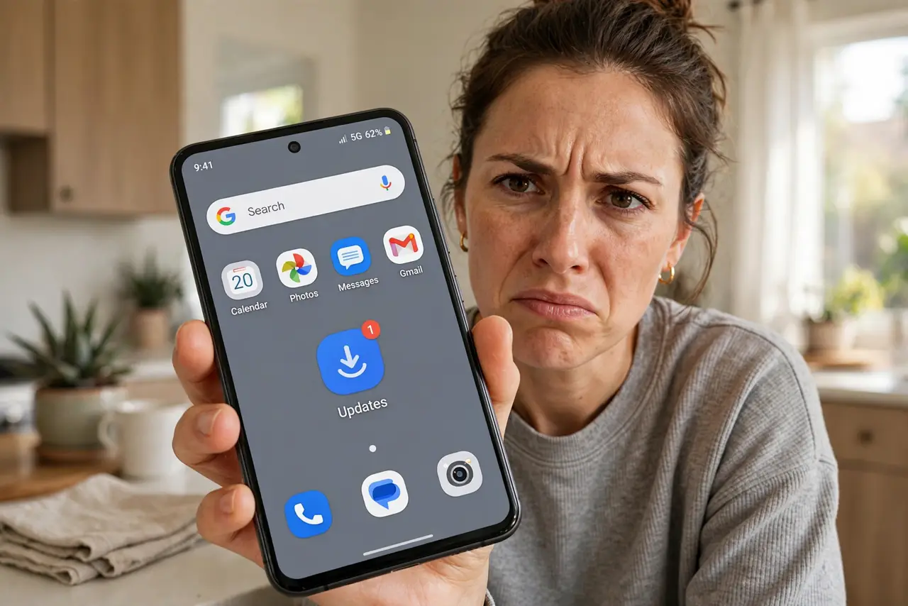 Notification Dots Won't Clear — an annoyed adult holding a real Android phone showing an app icon with a stuck notification dot in fully legib