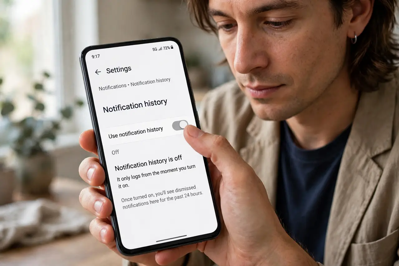 A person performing step 1: Open Notification history on Android. Go to Settings, then Notifications, then Notification history. If it is .