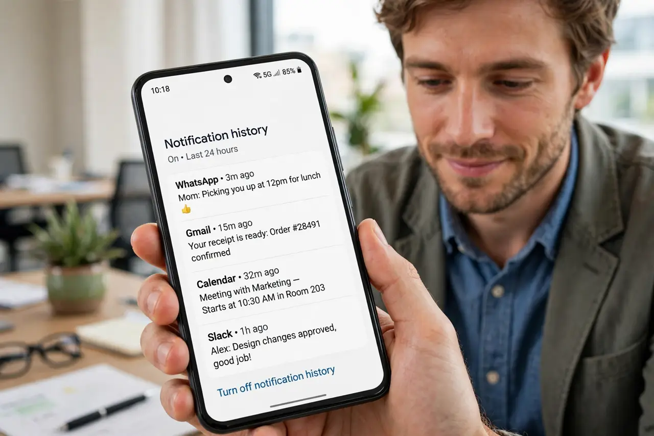 A person holding a real Android phone showing the notification history screen with legible entries, the person's face relieved, office.
