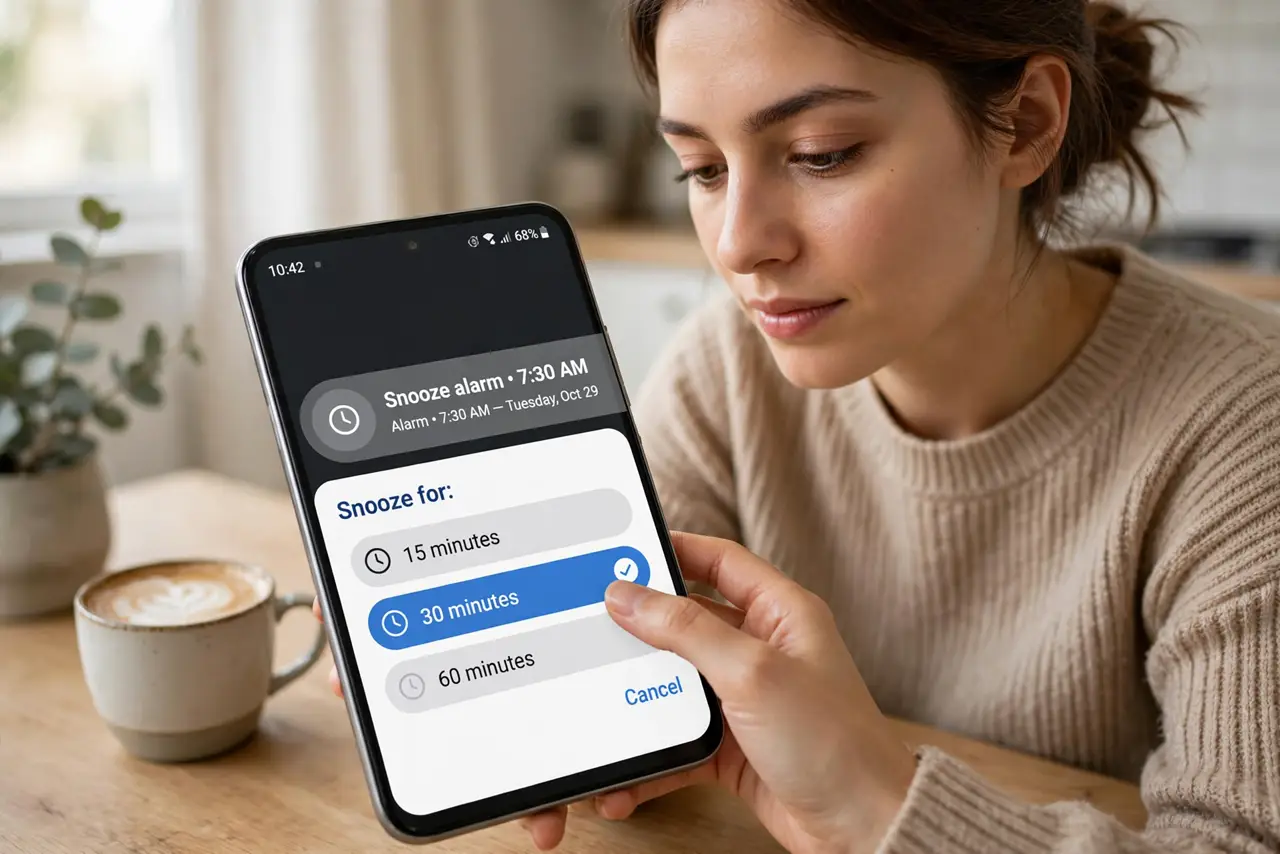 A person performing step 1: Snooze on Android: swipe, tap the clock. Swipe the notification slightly to the side (not all the way — that d.