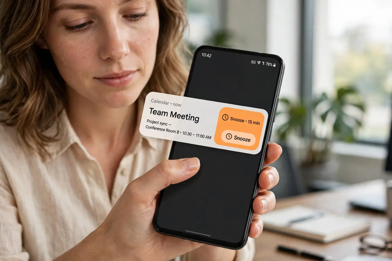A person swiping a real smartphone notification slightly to reveal a snooze clock icon with legible text, the person's face calm, office.