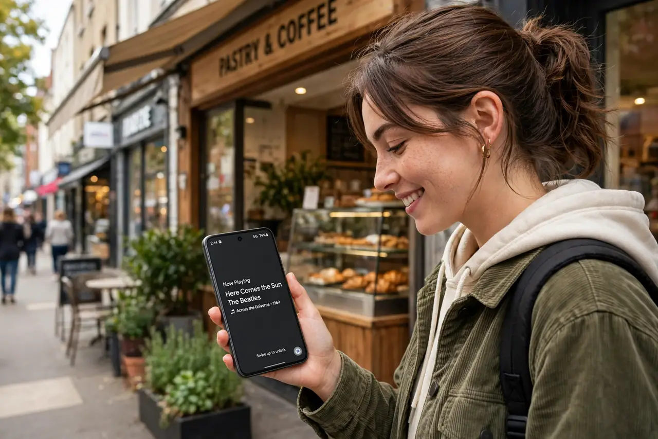 a person walking past a real storefront with a real Pixel phone showing the Now Playing song title legible on the lock screen, the person's face delighted, s...