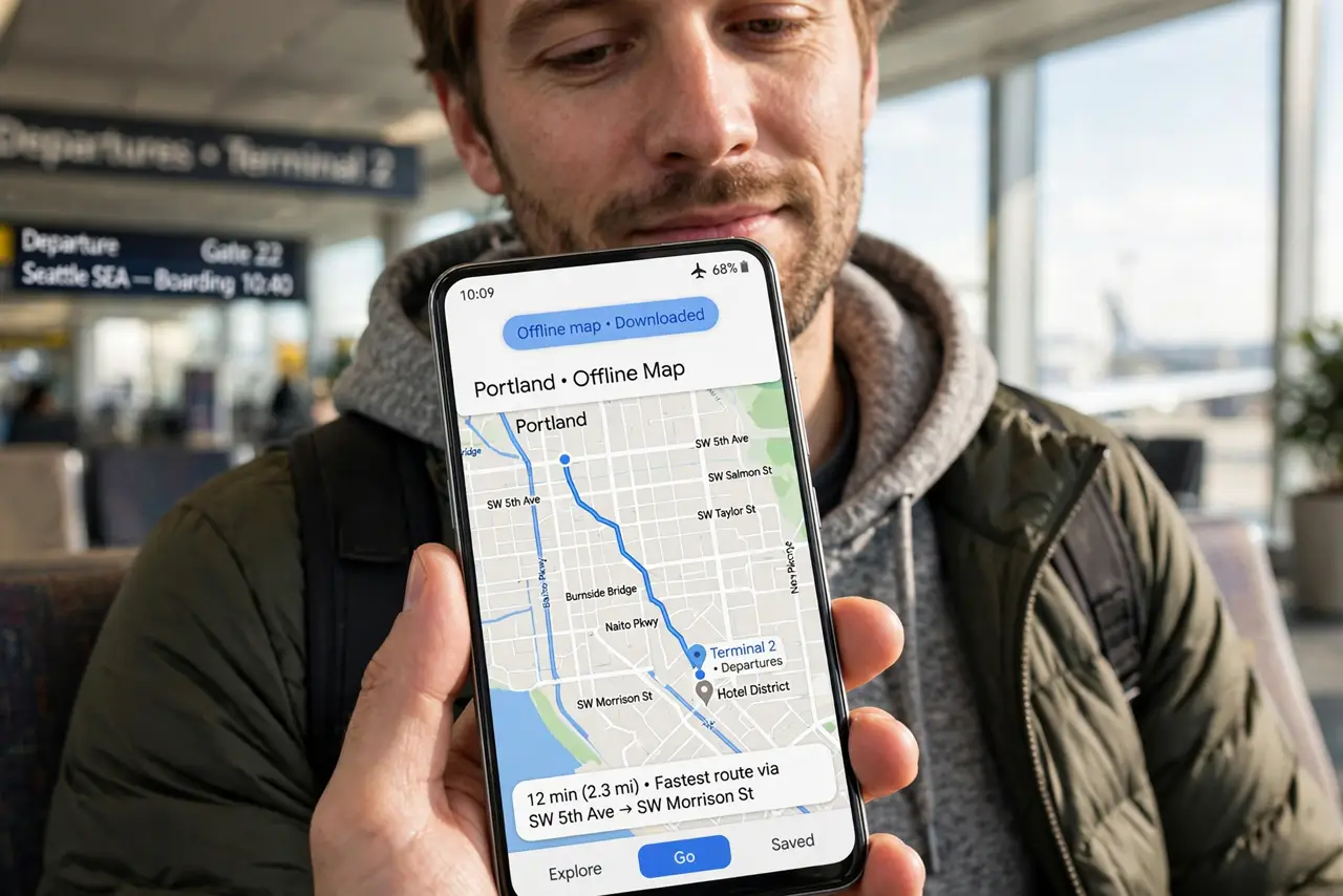 A traveler viewing a downloaded offline map on a real Android phone with streets and a route fully legible, airplane mode icon visible, the person's face relaxed in an airport.