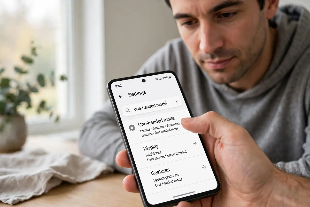 One-Handed Mode Shrinks the Screen Too Much — step 1 being performed on the device.