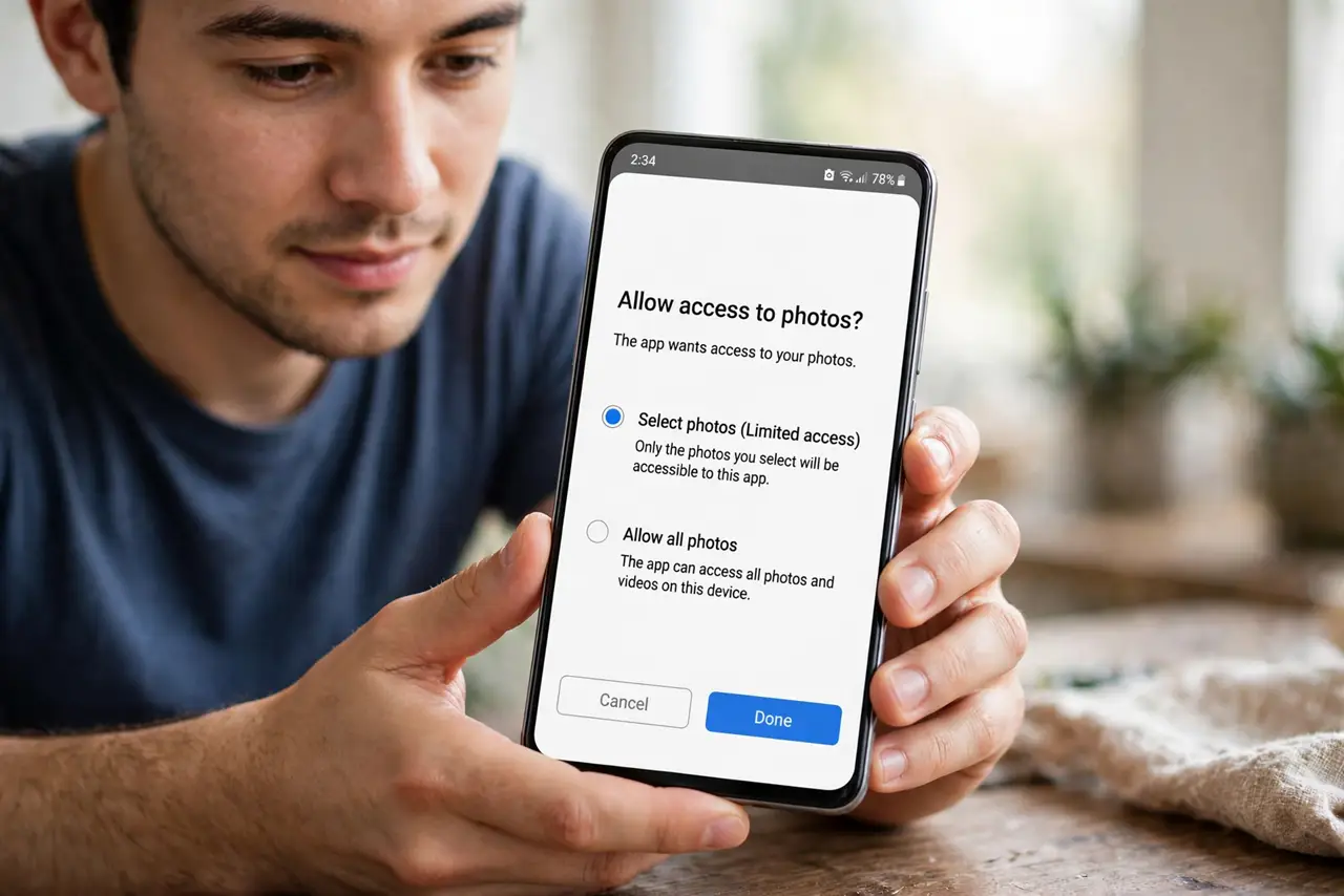 A person performing step 1: Answer the prompt with the limited option. When the permission dialog appears, choose 'Select Photos' (iPhone).