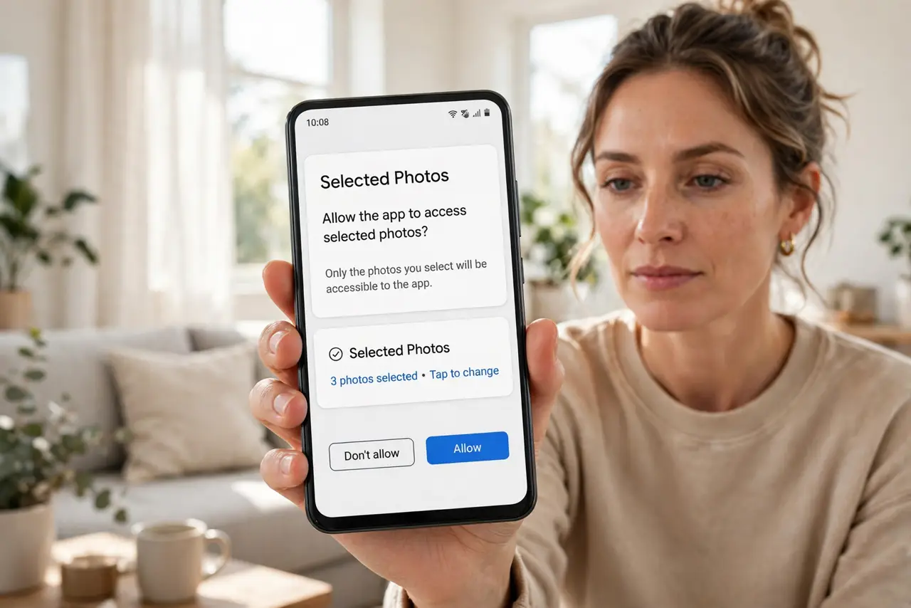 A person holding a real smartphone showing a permission dialog with 'Selected Photos' option legible, the person's face decisive, bright living room.