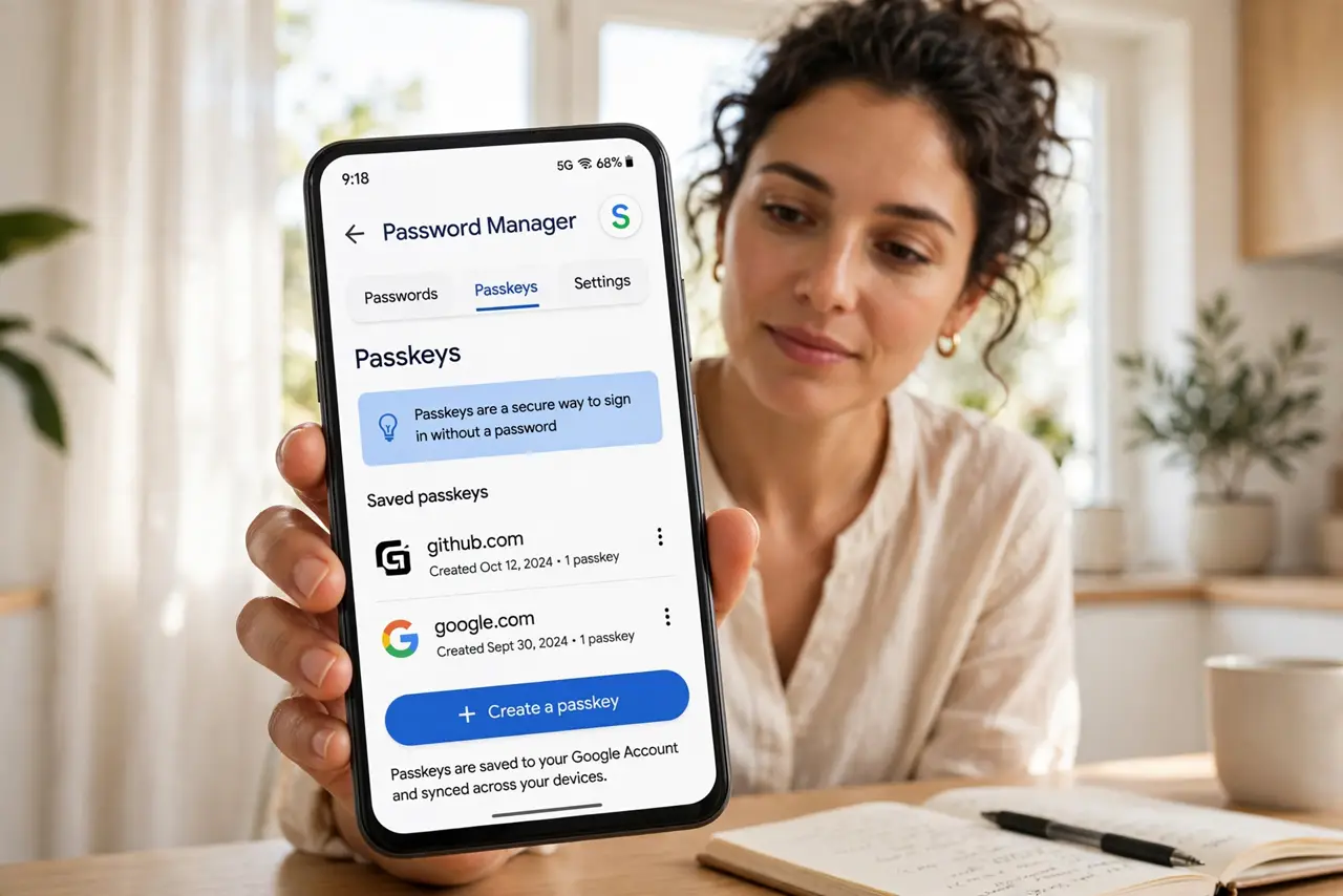 Photoreal photo of a person performing the first step: Understand where Android passkeys live. They're stored in Google Password Manager, tied to y...