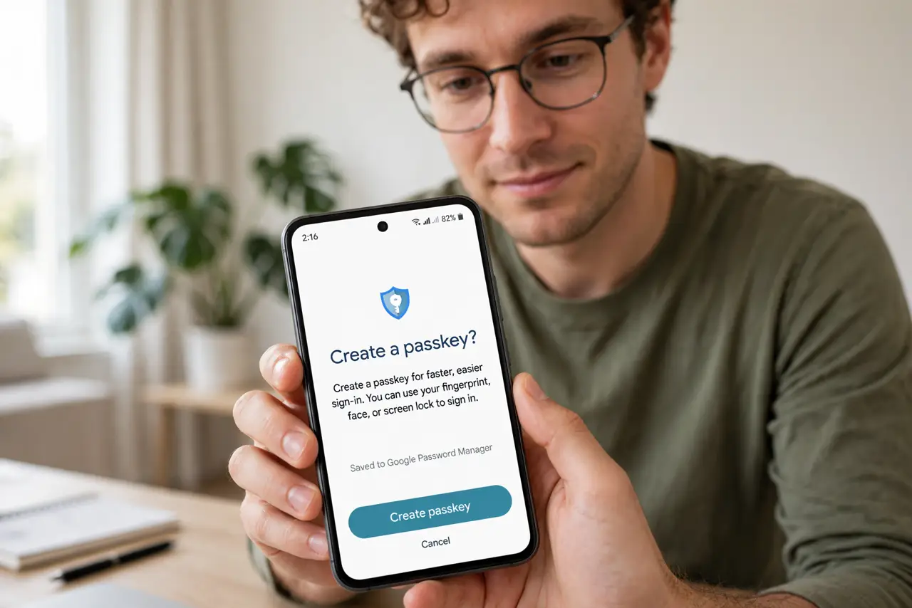 Photoreal photo: a person creating a passkey on a real Android phone showing a passkey prompt with legible text, the person's face curious, bright room. No black screen, no blank white screen, no fake or garbled sc...