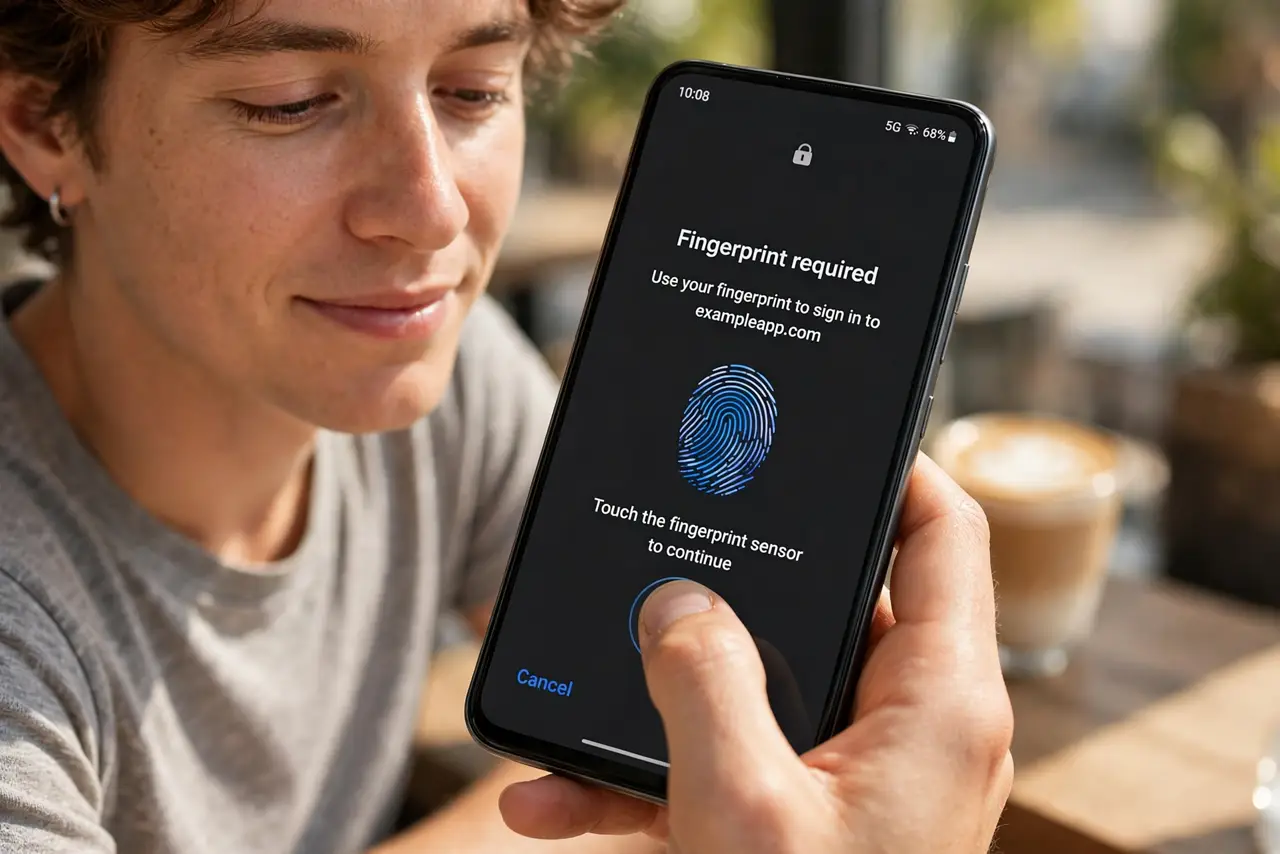 A person signing into an app on a real Android phone, the fingerprint prompt for a passkey fully legible on screen, the person's thumb on the sensor, face relaxed.