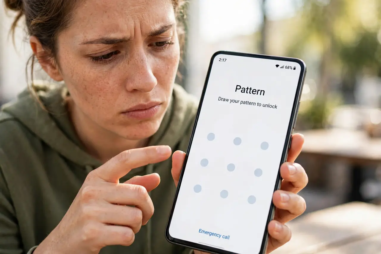 Forgot Your Android Pattern — a person staring at a real Android phone showing the pattern unlock grid with legible dots, the person's finge