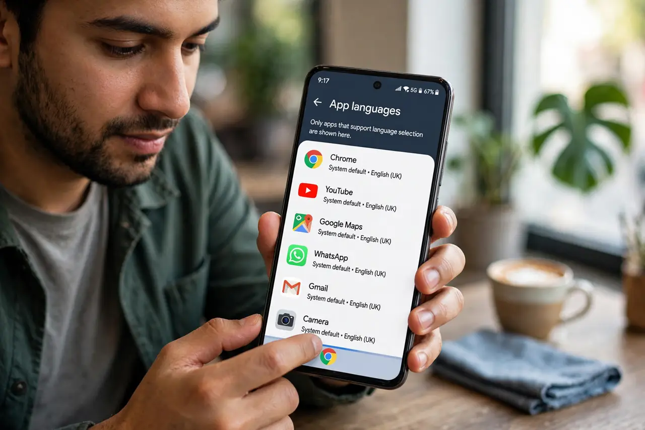 A person performing step 1: Open the per-app language settings on Android. Go to Settings, System, Languages, then App languages. The list.