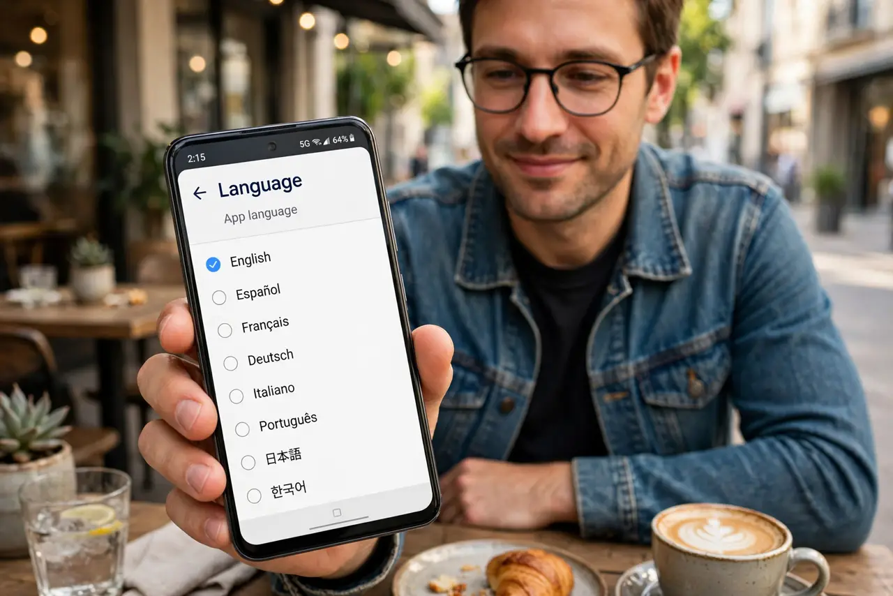 A person holding a real smartphone showing an app's language settings screen with a language list legible on screen, the person's face pleased, sitting at a cafe table.