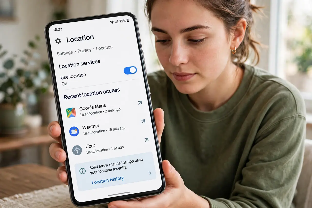A person performing step 1: Check location history on iPhone. Open Settings, then Privacy and Security, then Location Services. Apps show .