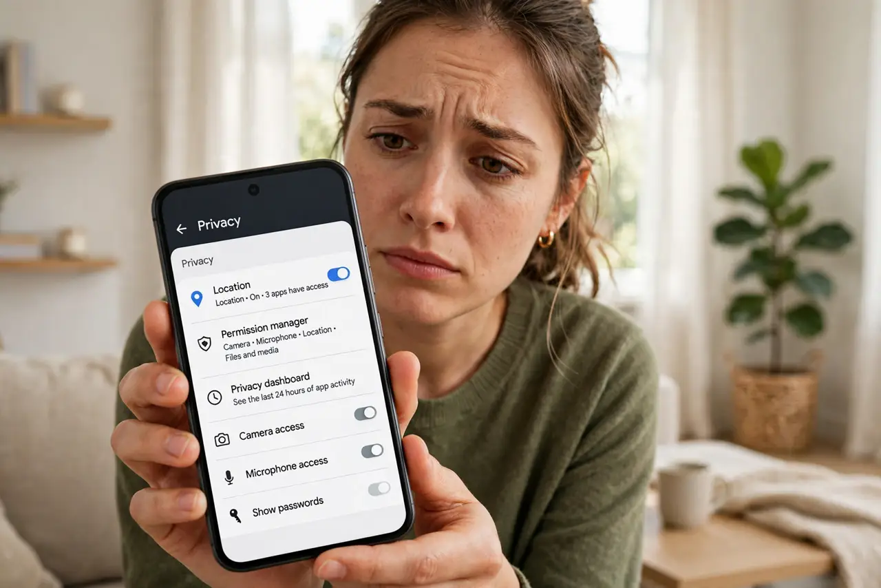 A person holding a real iPhone showing the Settings Privacy screen with legible text, a map pin icon visible, the person's face curious and slightly concerned, bright living.