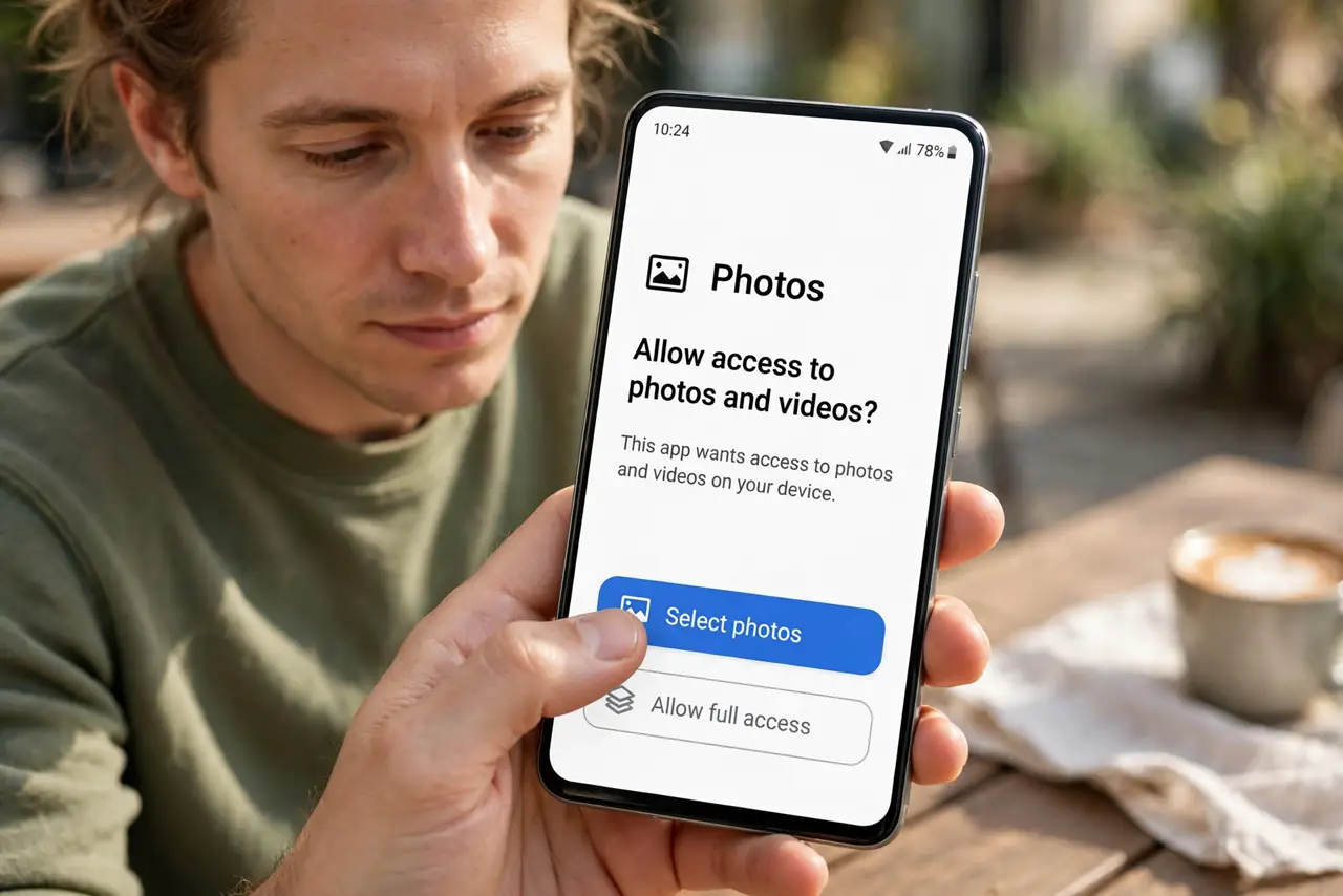 A person performing step 1: Choose 'Selected Photos' on iPhone. When an app first asks for photo access, tap 'Select Photos' instead of 'A.