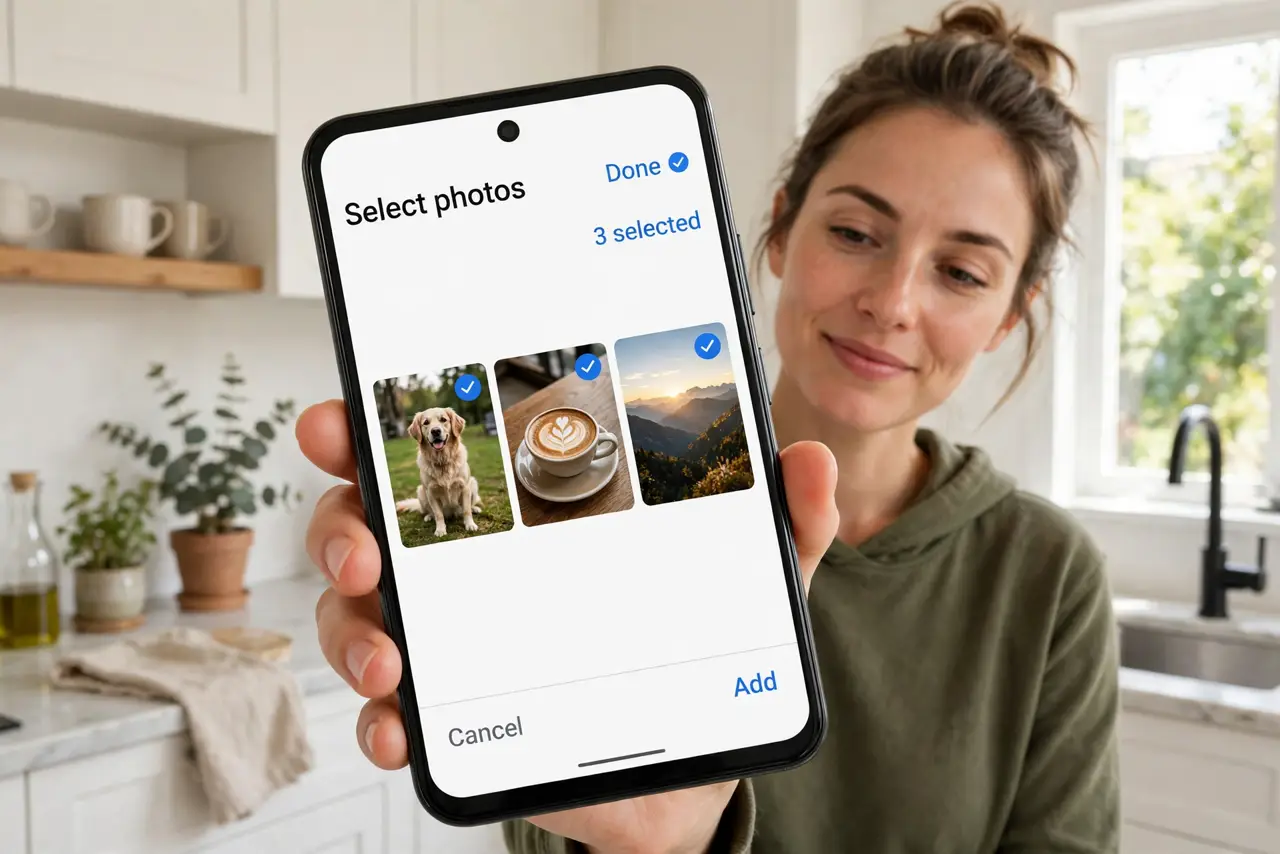A person holding a real iPhone showing a photo picker with a few selected photos highlighted and legible, the person's face relieved, bright kitchen.