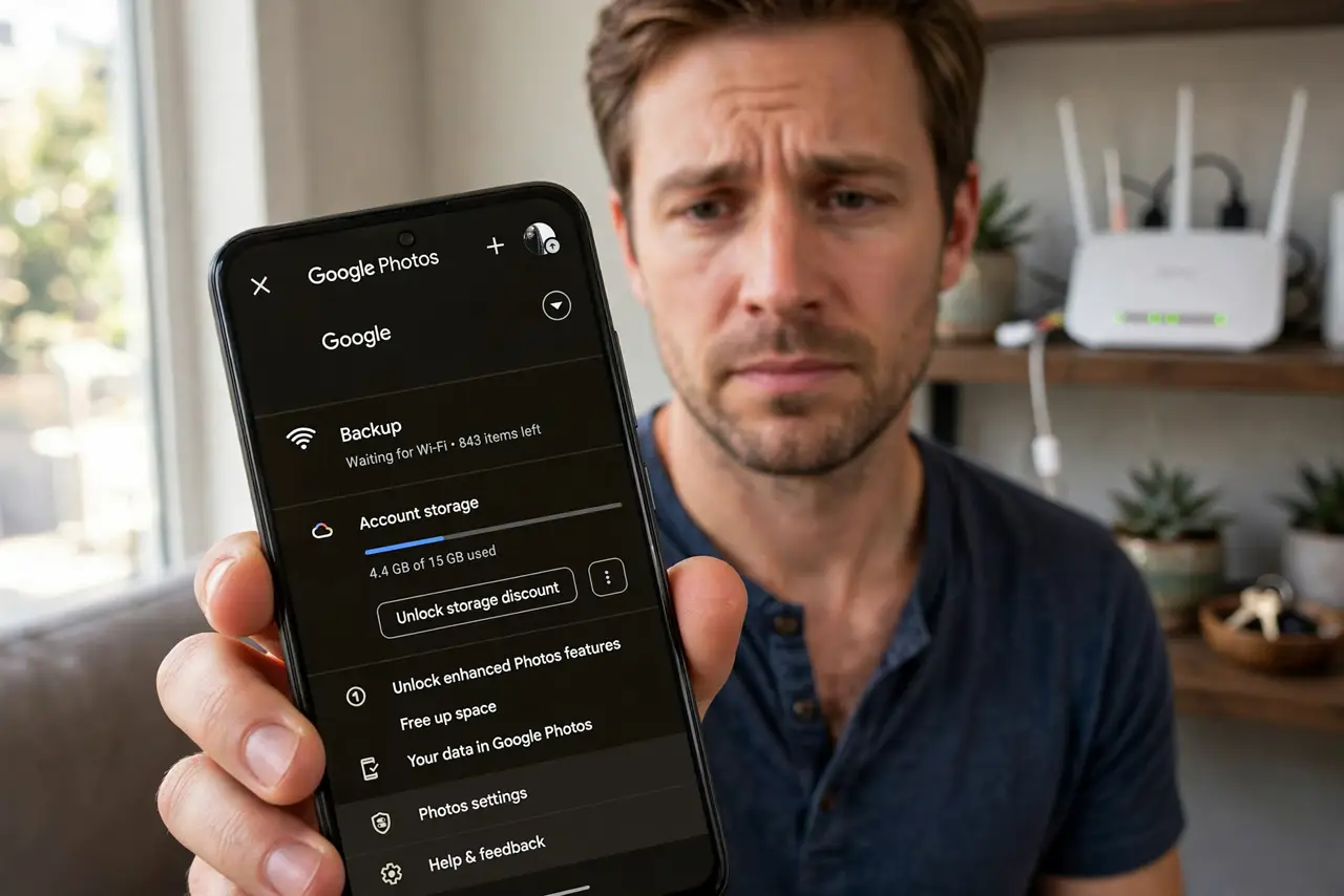 Photos Stuck on 'Waiting for Wi-Fi' — a calm adult holding a real iPhone showing the photos backup screen with a 'Waiting for Wi-Fi' status message