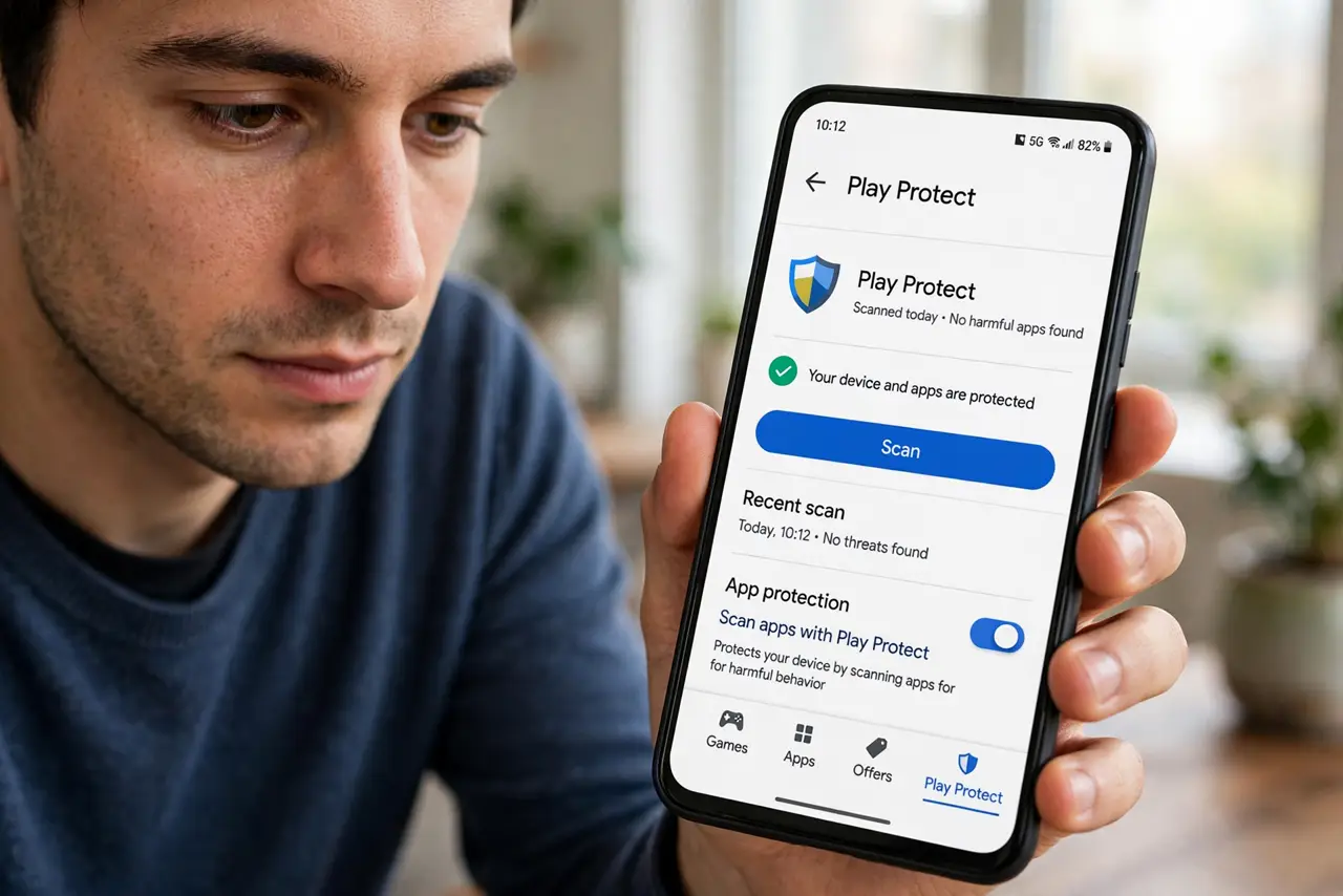A person calmly performing the guide's first step: Open Play Protect from the Play Store.