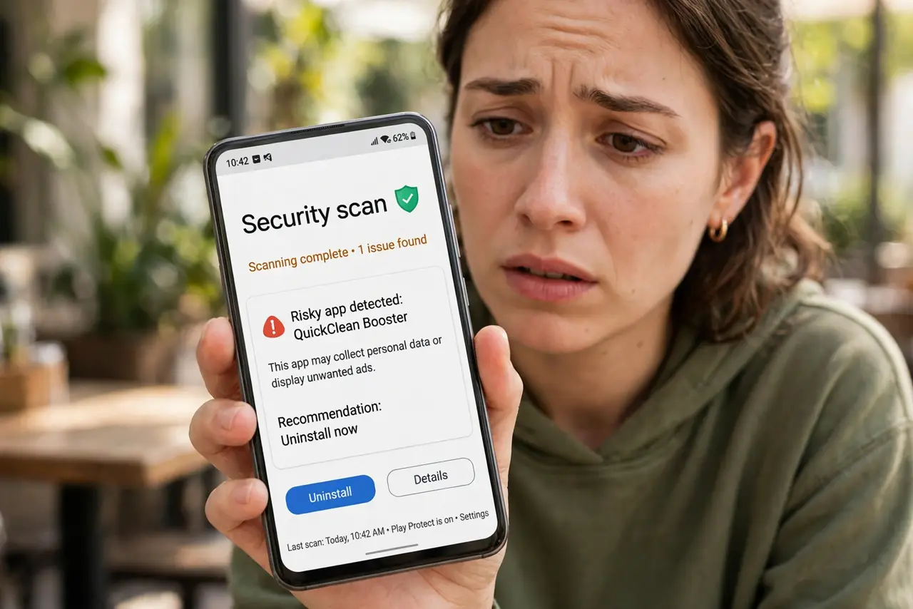 a person holding a real Android phone showing a security scan screen with legible status text, the person's face worried. No black screen, no blank white screen, no fake or garbled.