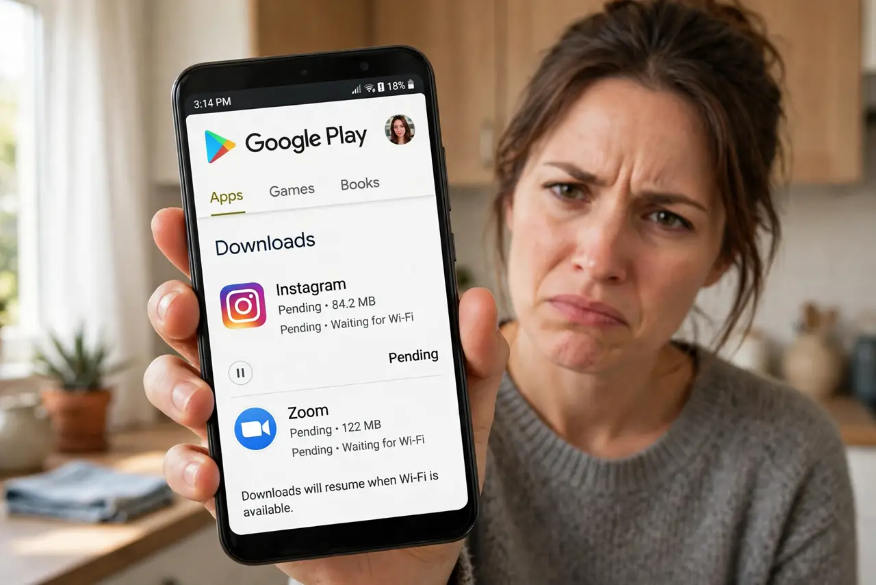 Play Store Stuck on 'Pending' — an impatient adult holding a real Android phone showing the Play Store with downloads stuck on 'Pending' in fu