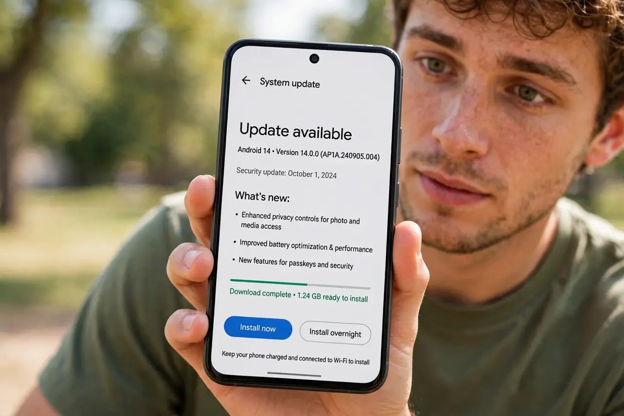 a person holding a real Android phone showing the system update screen with legible version text, the person's face curious. No black screen, no blank white screen, no fake or garb.