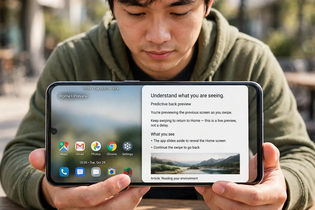 A person performing step 1: Understand what you are seeing. Predictive back animates the current screen away to reveal the destination und.