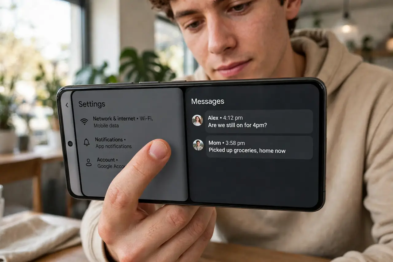 A person holding a real Android phone mid back-swipe gesture showing the preview animation with a previous screen peeking in, the person's thumb visible, the person's face curious,.