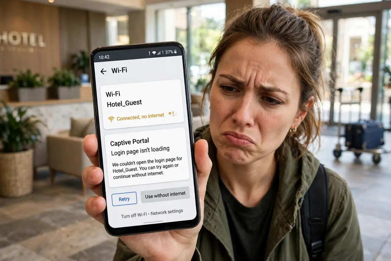 Private DNS Breaks Wi-Fi Login Pages — a frustrated traveler holding a real Android phone showing Wi-Fi connected but no login page loading in fully