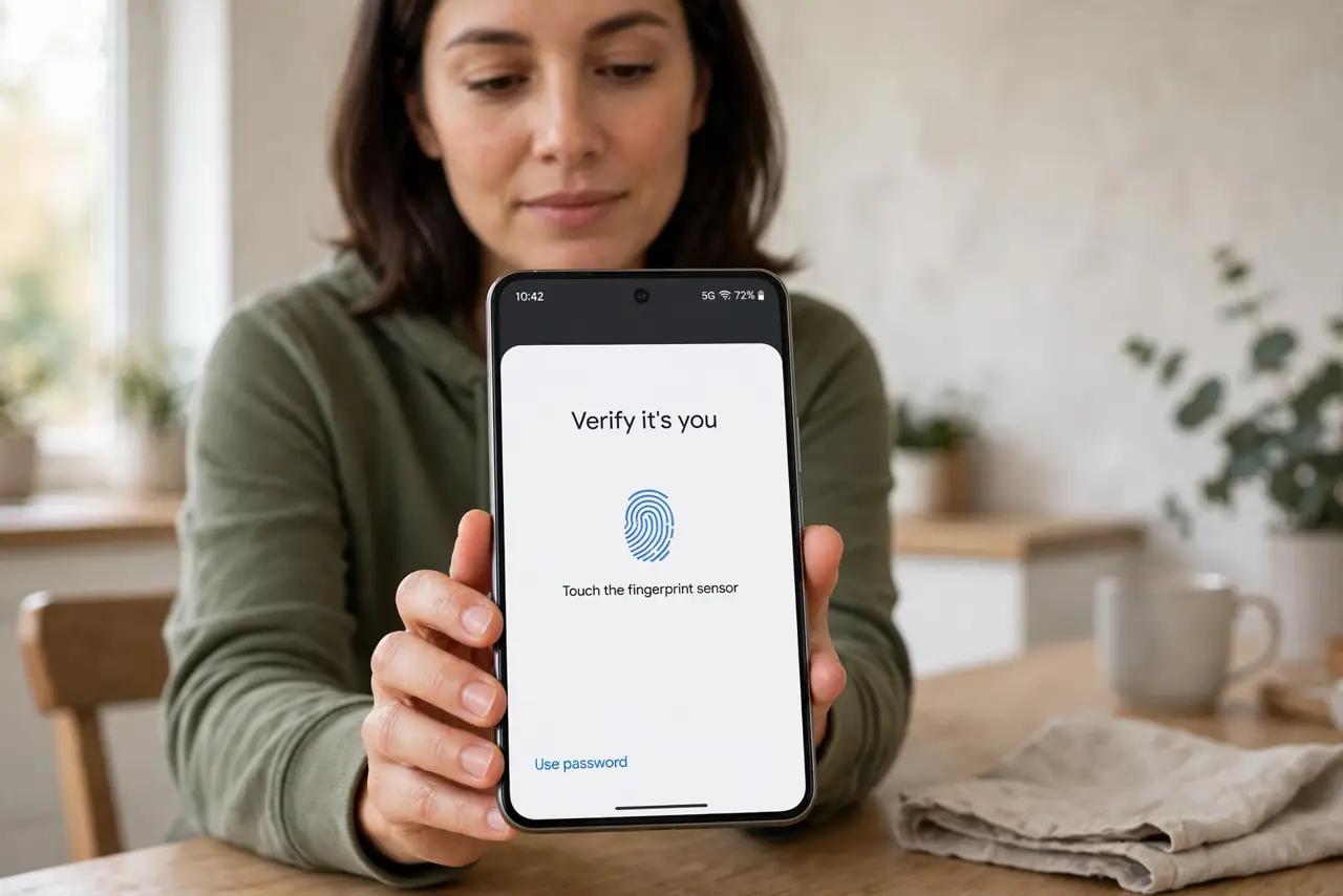 A person unlocking a hidden section on a real Android phone, the Private Space authentication screen fully legible, the person's face calm and discreet in a home setting.