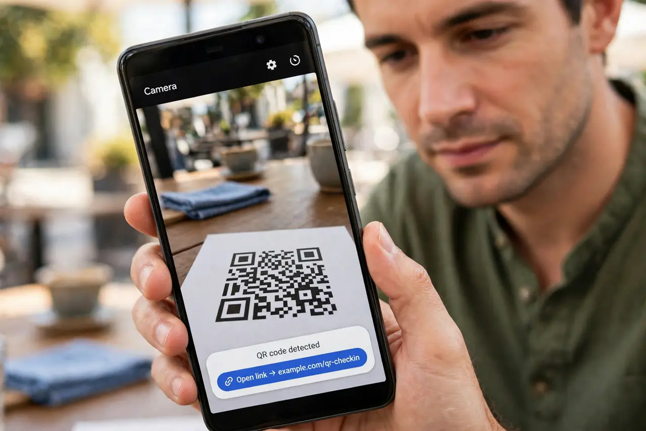 A person performing the first step of the guide: Try the camera app first. Open the camera, point it at the QR code, and hold steady. Most Android phones.